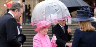 Queen Elizabeth Meets Guests at Buckingham Palace