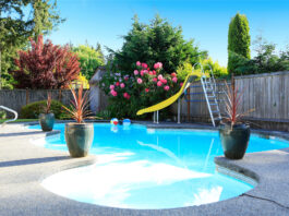 Fenced backyard with small beautiful swimming pool