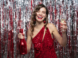 Woman in red festive dress