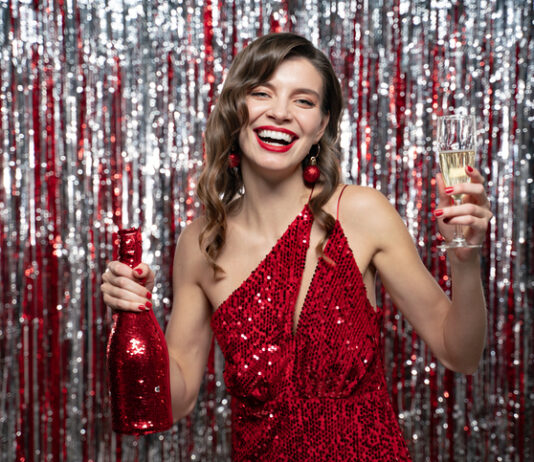 Woman in red festive dress