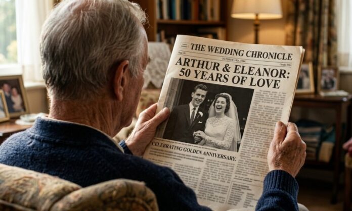 Old person readin custom made newspaper about their wedding