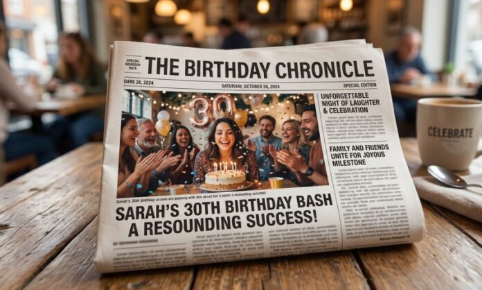 Custom made newspaper showing somebodys birthday