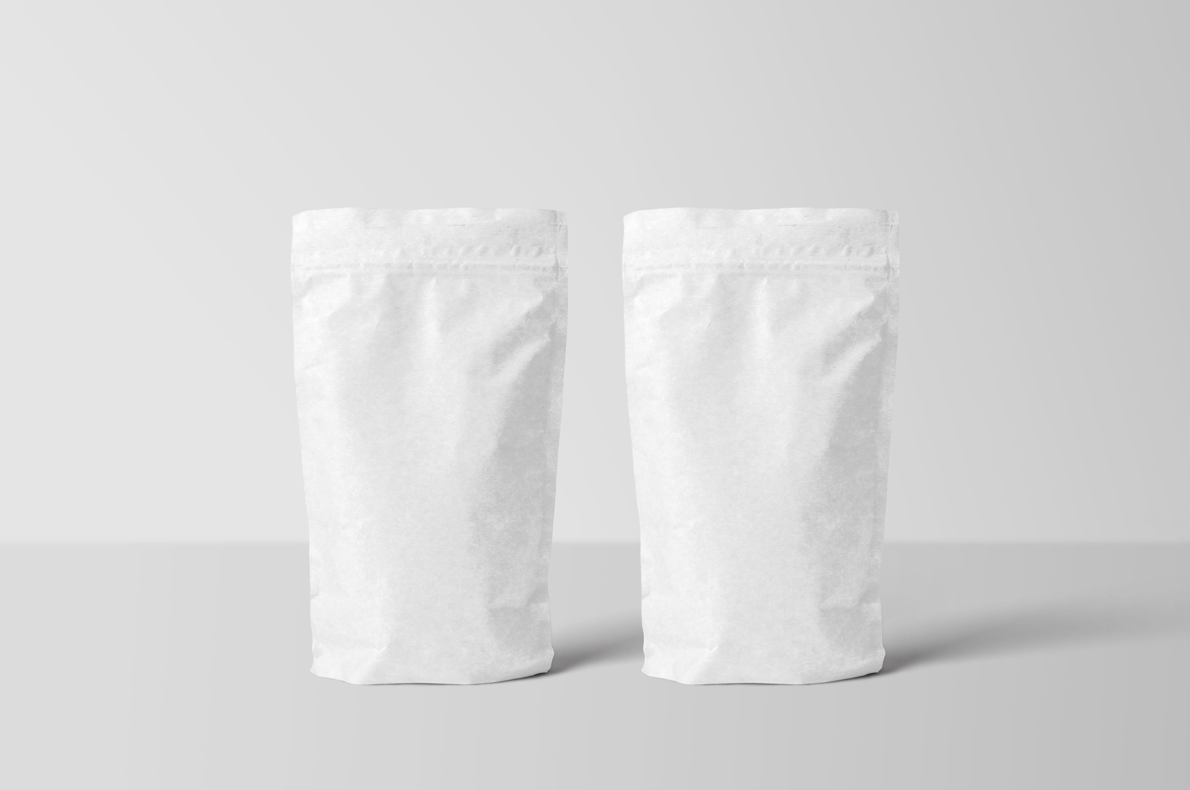 Blank stand-up pouch prototypes used as samples during the custom mylar bag design process